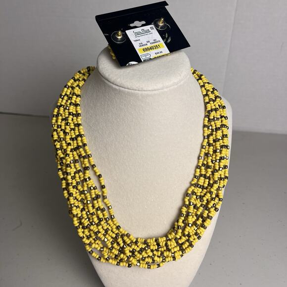 Yellow Seed Bead Necklace Earrings Set Multistrand Beaded Cluster 20-24" - Picture 9 of 11